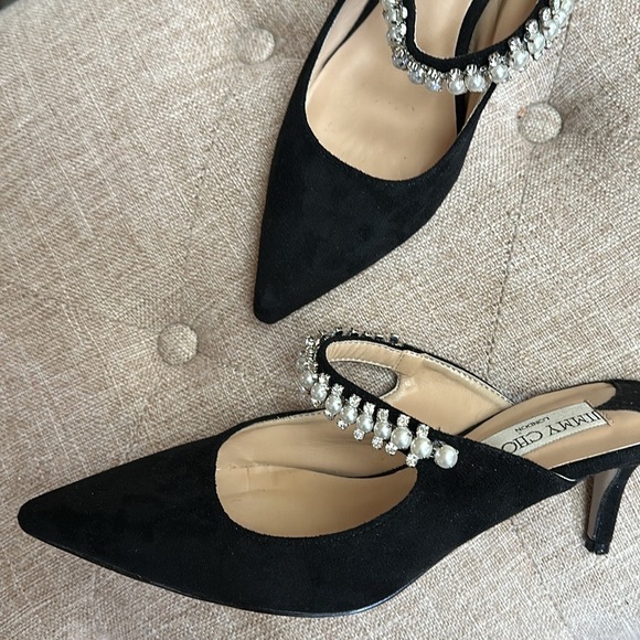 Elegant Jimmy Choo Black Heeled Mules Pearl Rhinestone Detail